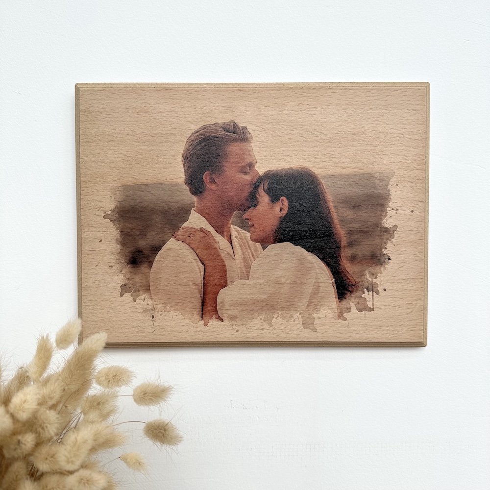 Personalized Photo on Wood – Custom Engraved Portrait with Watercolor Style Personalized Photo on Wood – Custom Engraved Portrait with Watercolor Style