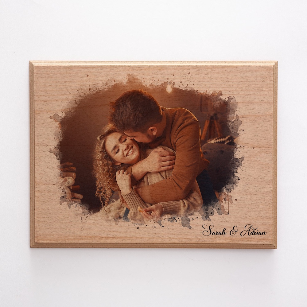 Personalized Photo on Wood – Custom Engraved Portrait with Watercolor Style Personalized Photo on Wood – Custom Engraved Portrait with Watercolor Style